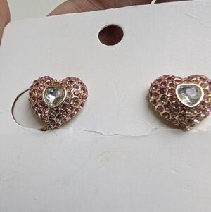 Pink Crystal Heart Stud Earrings – Gold Tone with Center Gem